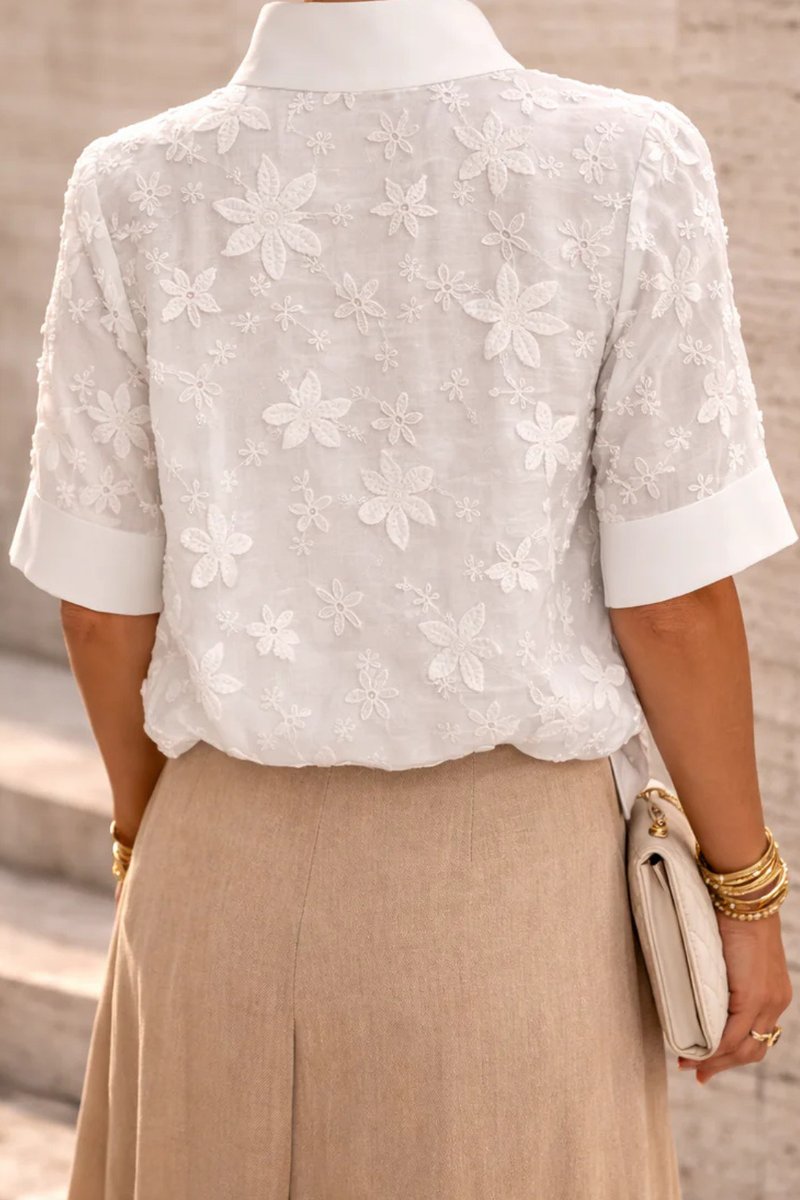 Women's Floral Blouse Mock-Neck Embroidered Short-Sleeve Top