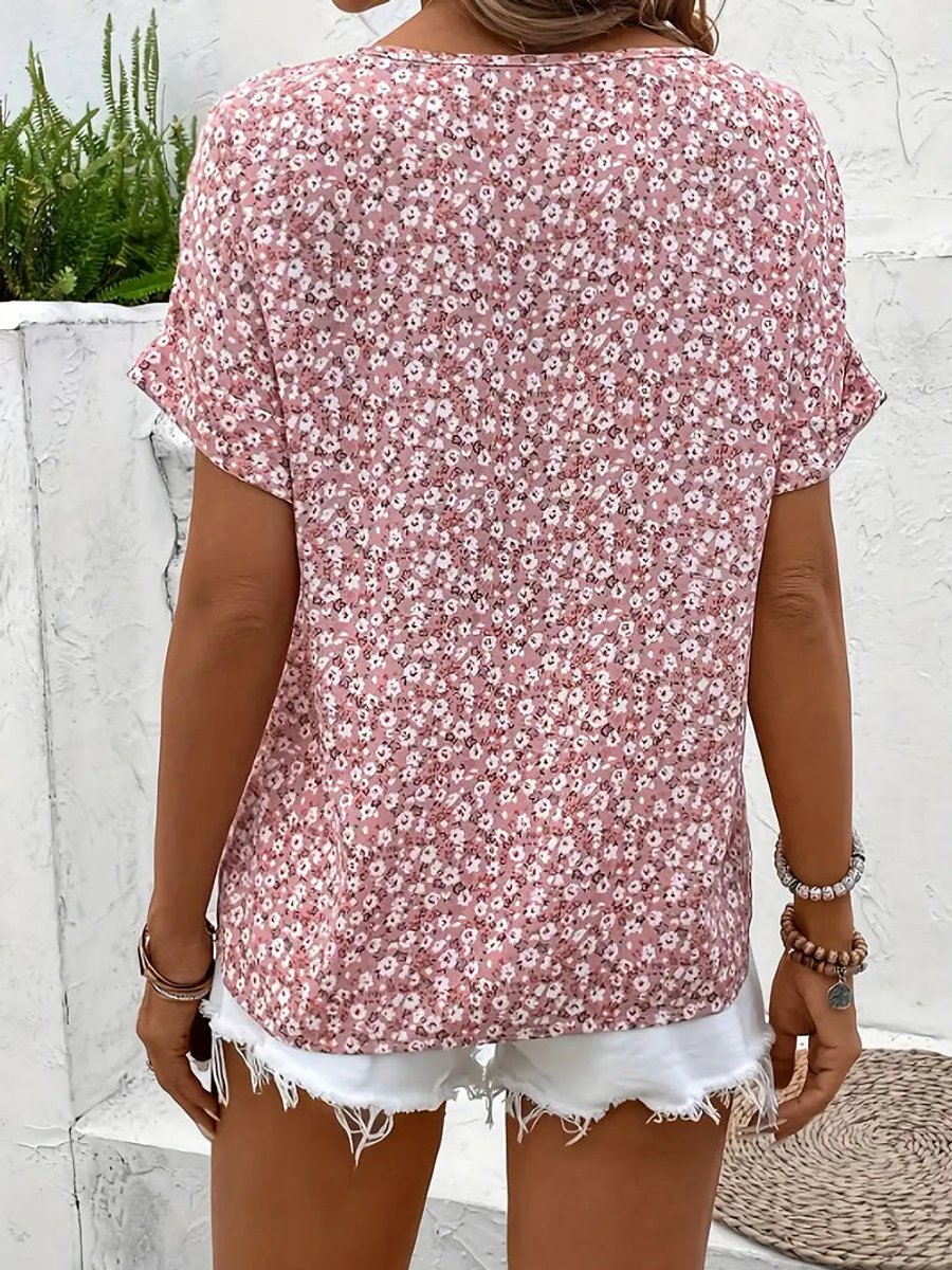 Women's Floral Button-Front Short-Sleeve Casual Henley Top