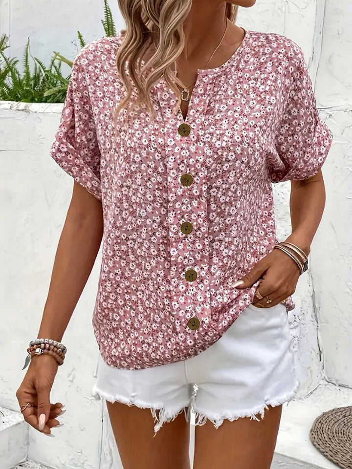 Women's Floral Button-Front Short-Sleeve Casual Henley Top