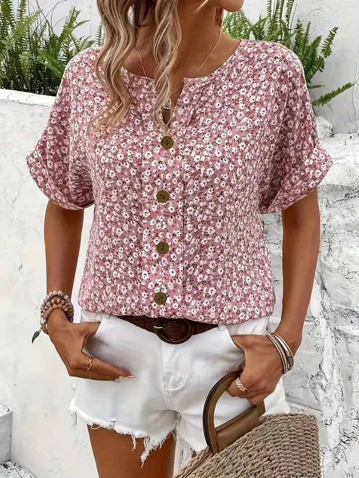 Women's Floral Button-Front Short-Sleeve Casual Henley Top