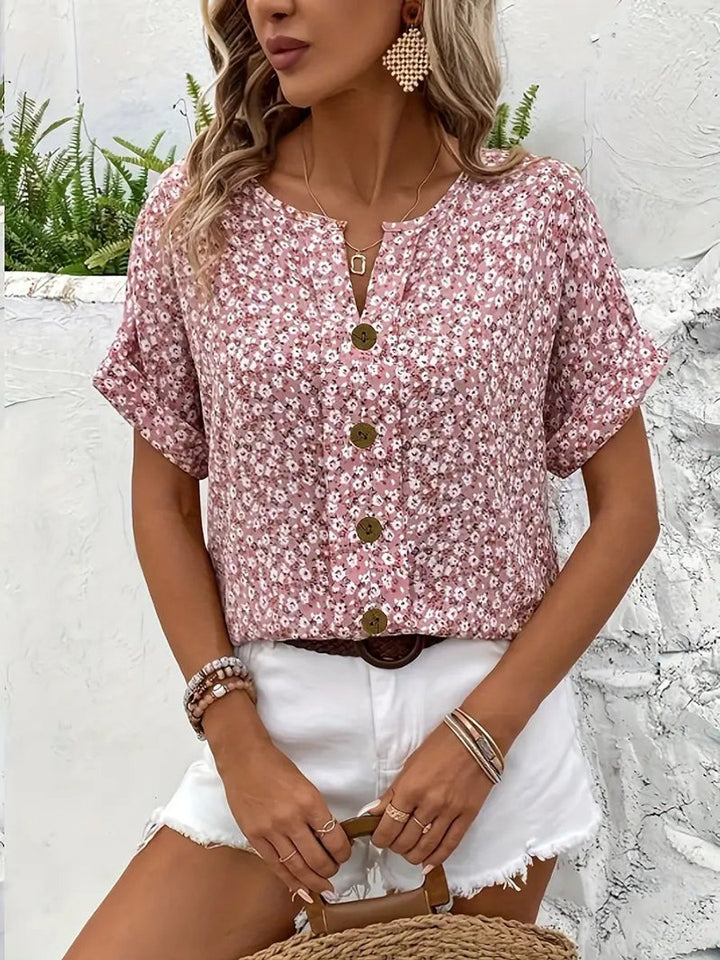 Women's Floral Button-Front Short-Sleeve Casual Henley Top