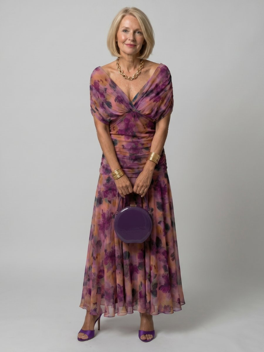 Women's Floral Chiffon Everyday Party Dress Draped V-Neck Midi