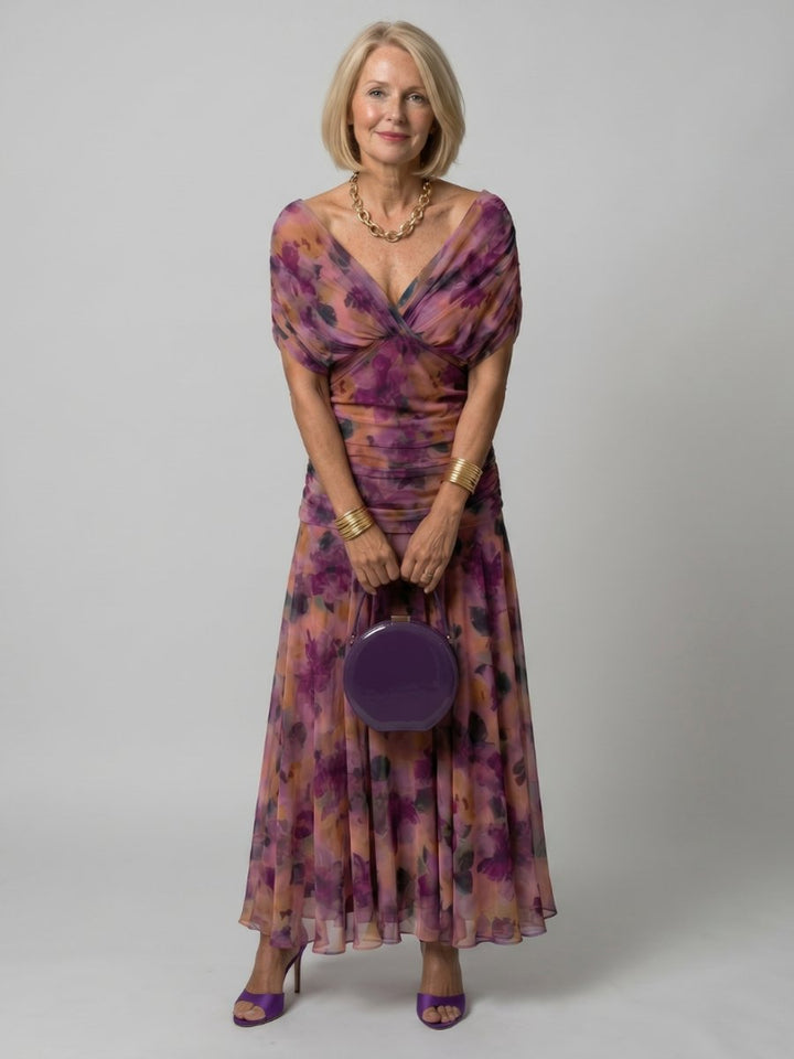 Women's Floral Chiffon Everyday Party Dress Draped V-Neck Midi