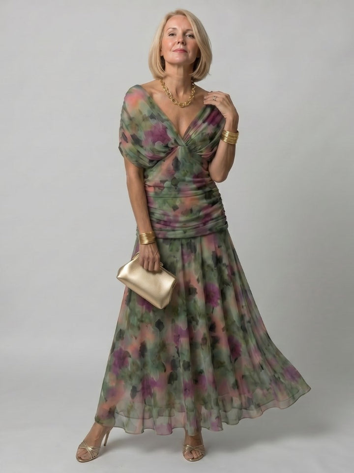 Women's Floral Chiffon Everyday Party Dress Draped V-Neck Midi