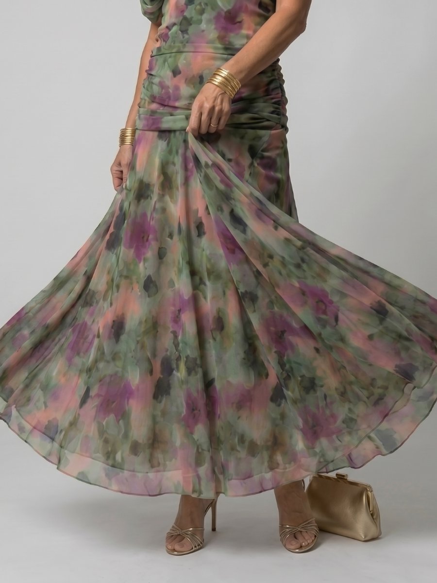 Women's Floral Chiffon Everyday Party Dress Draped V-Neck Midi