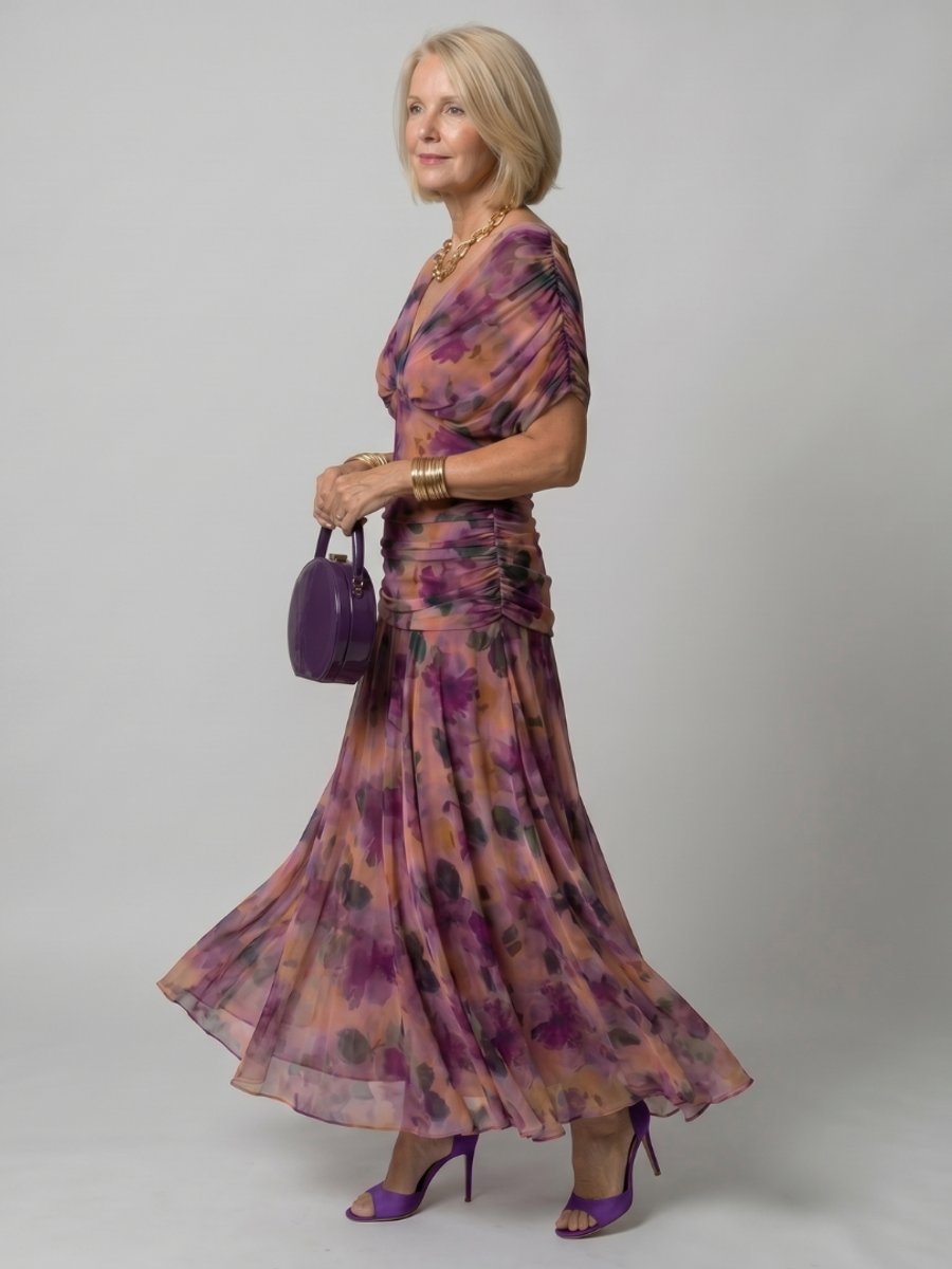 Women's Floral Chiffon Everyday Party Dress Draped V-Neck Midi