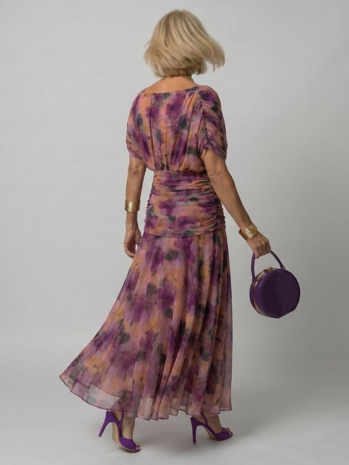 Women's Floral Chiffon Everyday Party Dress Draped V-Neck Midi