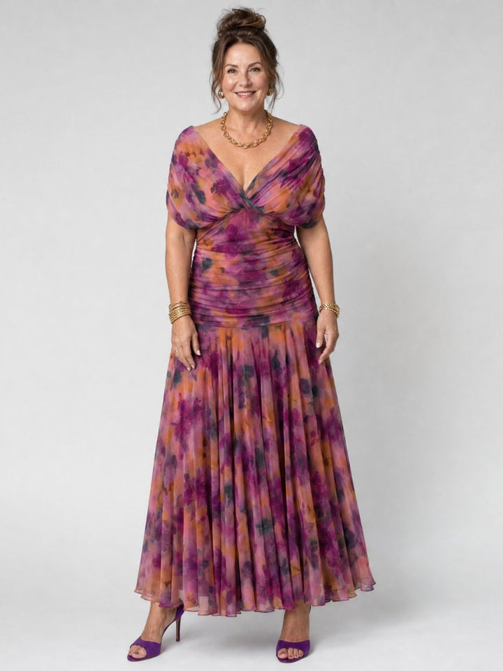 Women's Floral Chiffon Everyday Party Dress Draped V-Neck Midi