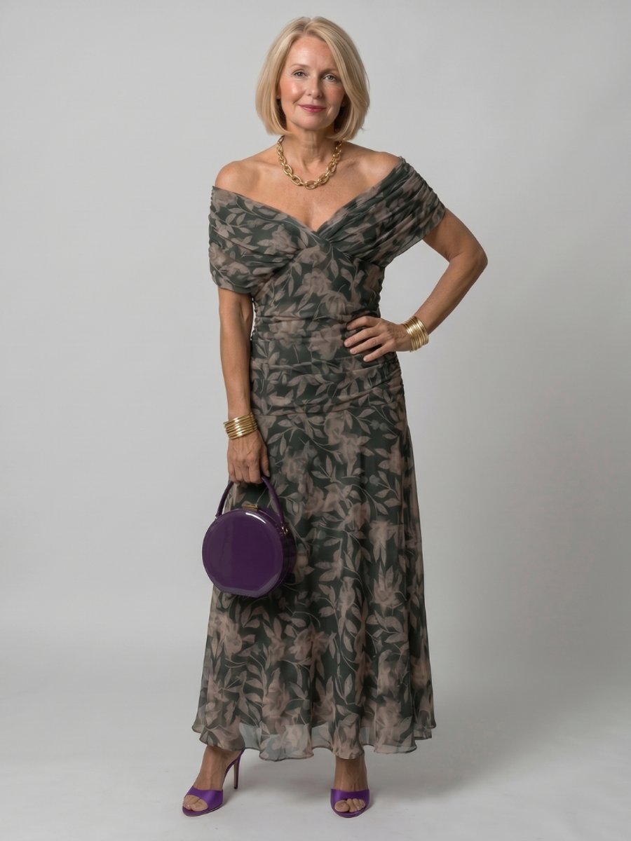 Women's Floral Chiffon Everyday Party Dress Draped V-Neck Midi