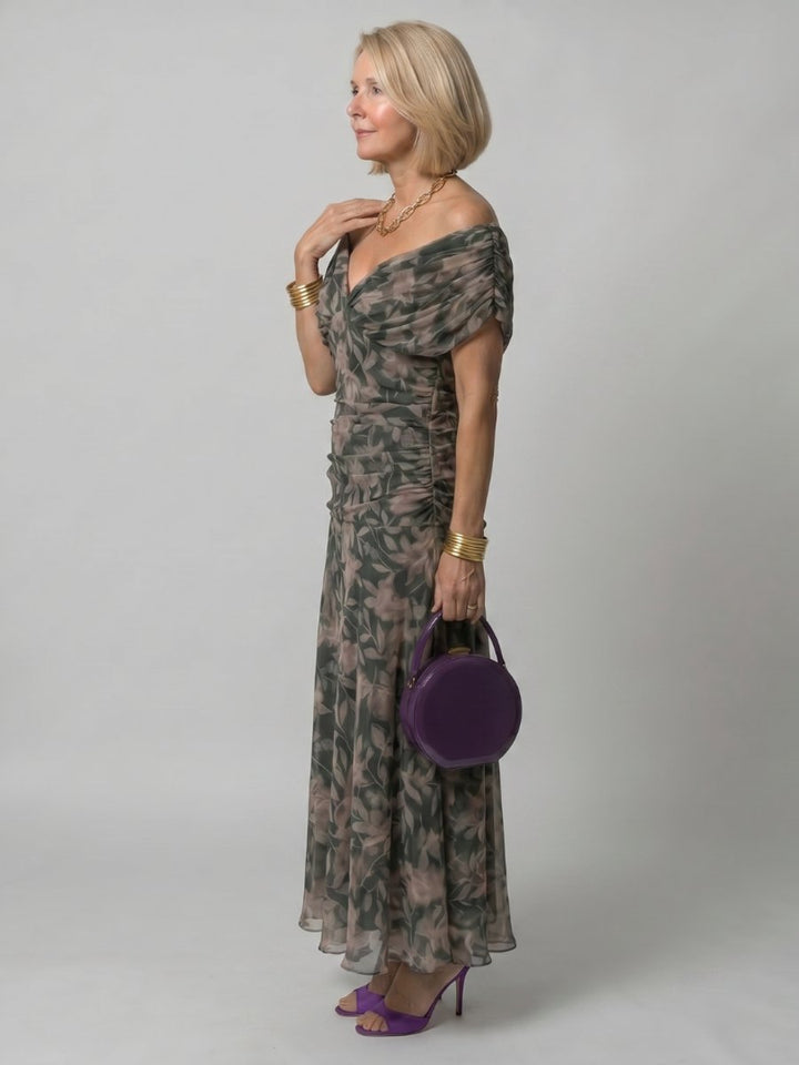 Women's Floral Chiffon Everyday Party Dress Draped V-Neck Midi