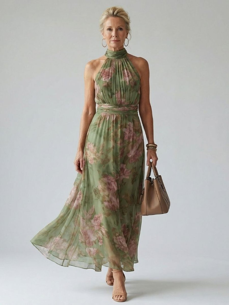 Women's Floral Chiffon Gathered Halter Everyday Day Dress