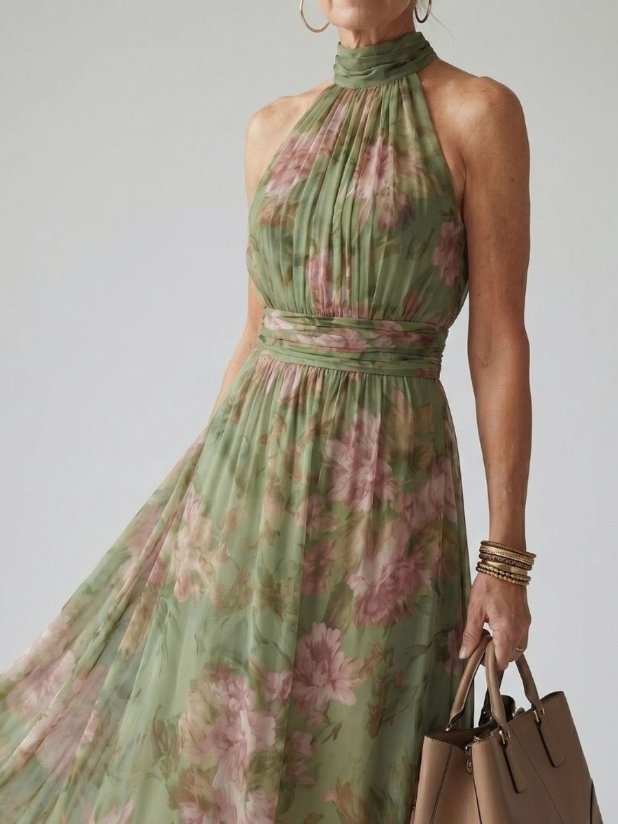 Women's Floral Chiffon Gathered Halter Everyday Day Dress