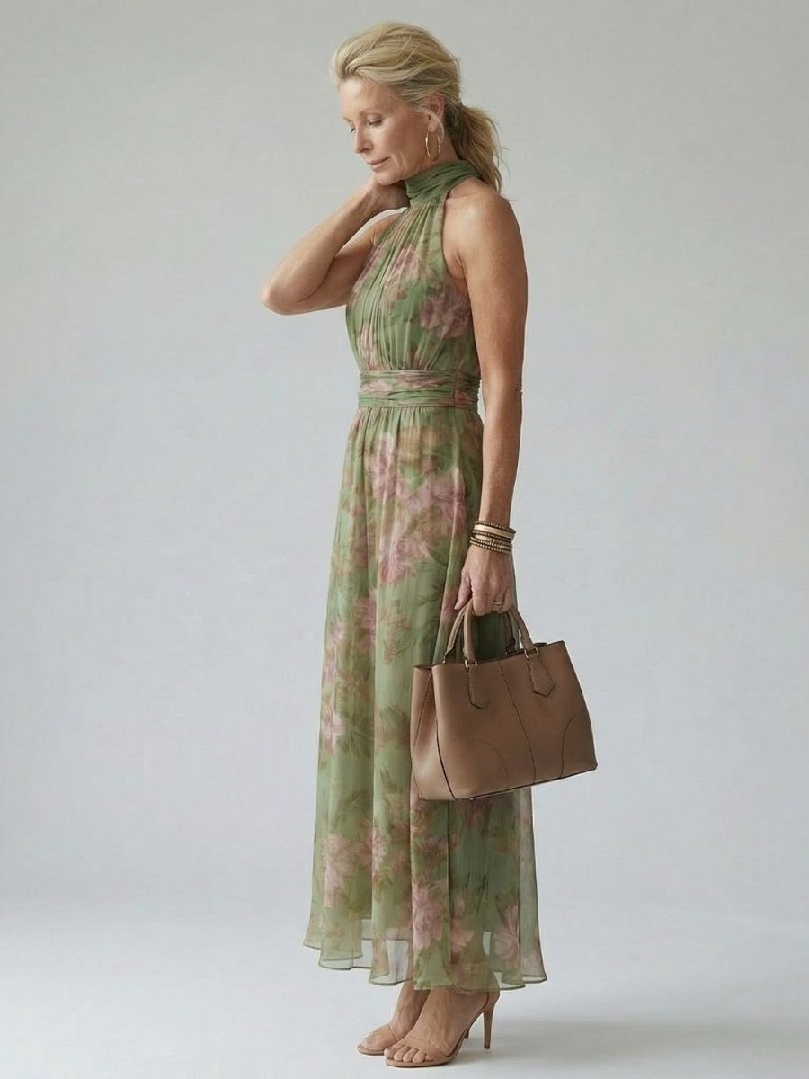 Women's Floral Chiffon Gathered Halter Everyday Day Dress