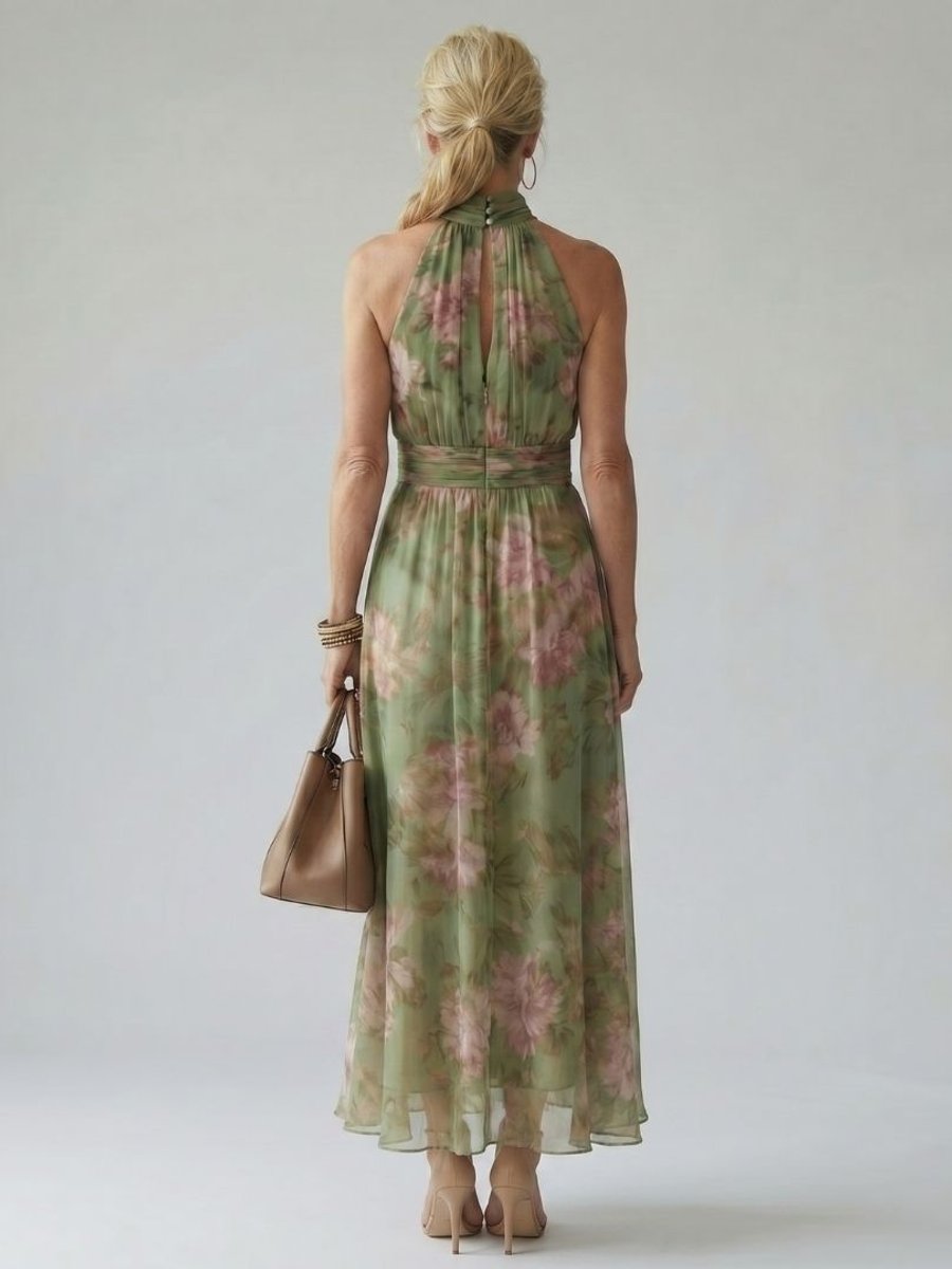 Women's Floral Chiffon Gathered Halter Everyday Day Dress