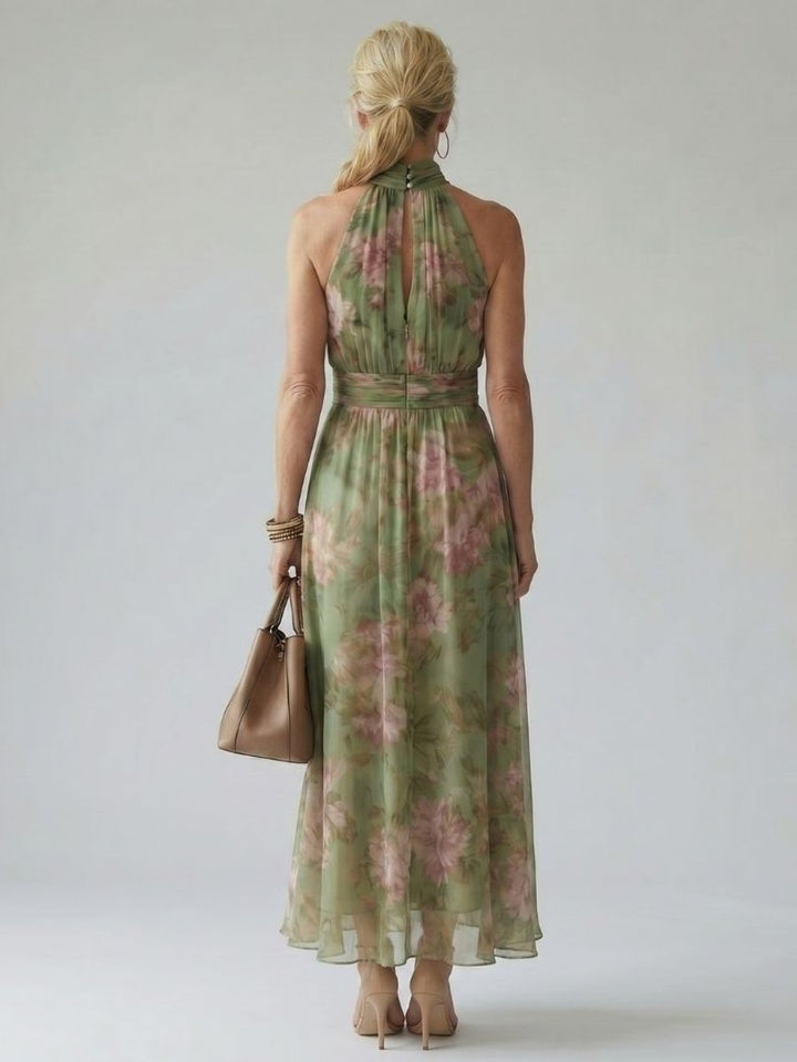 Women's Floral Chiffon Gathered Halter Everyday Day Dress