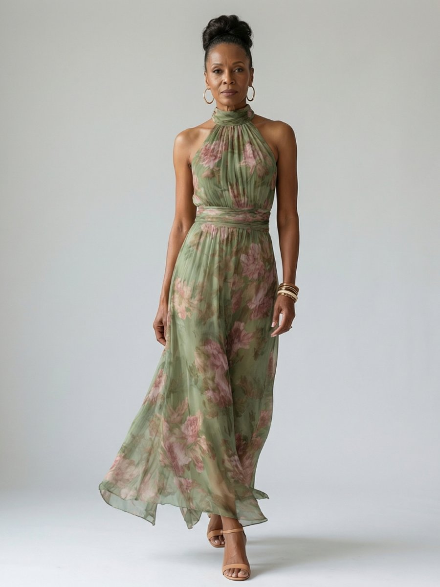 Women's Floral Chiffon Gathered Halter Everyday Day Dress
