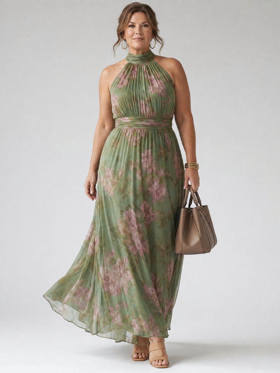 Women's Floral Chiffon Gathered Halter Everyday Day Dress