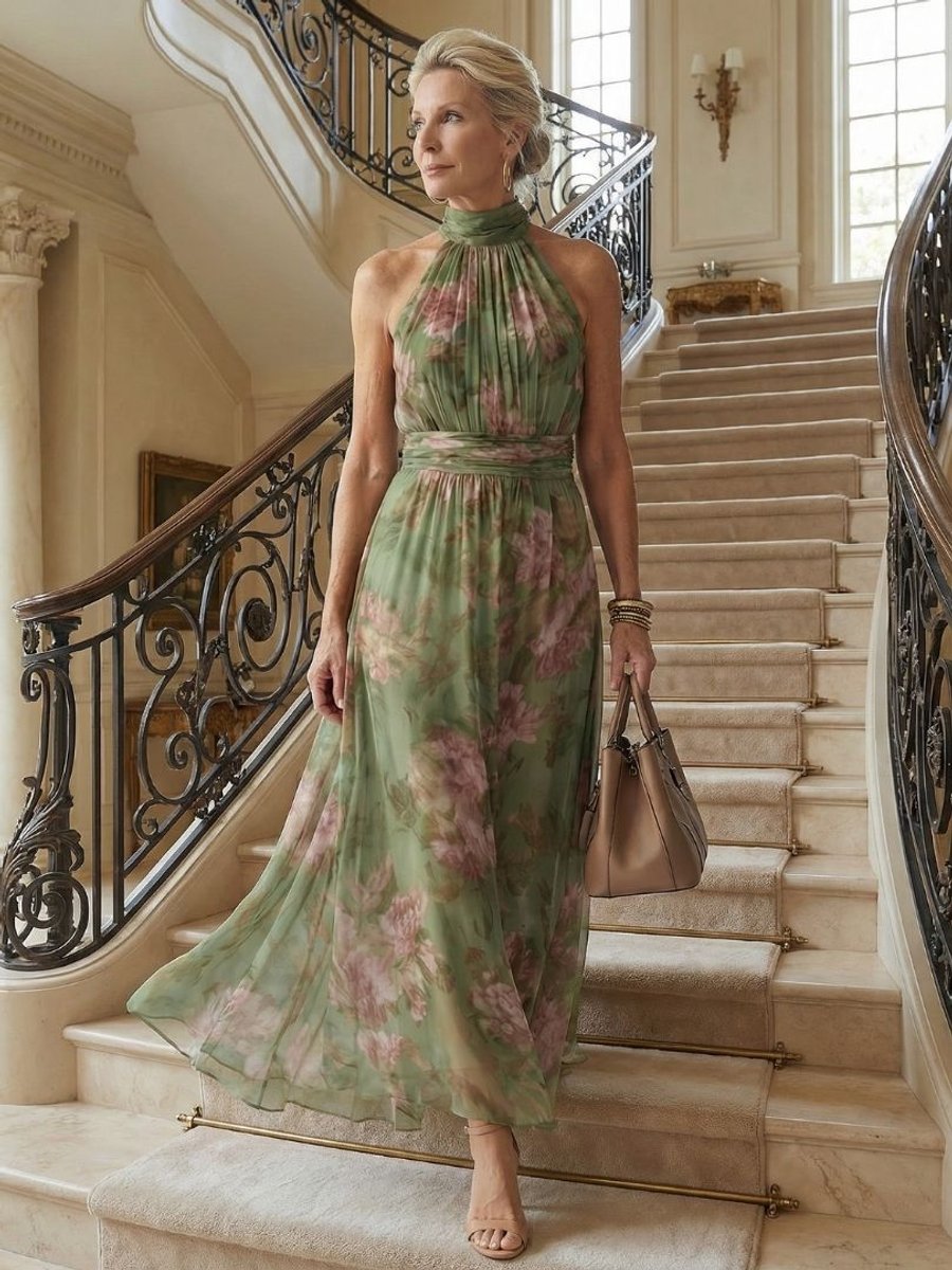 Women's Floral Chiffon Gathered Halter Everyday Day Dress