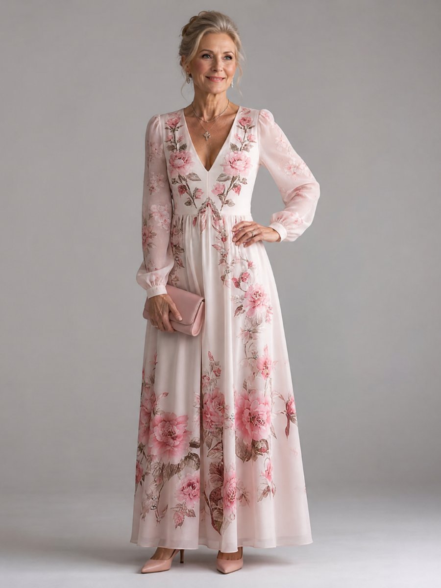 Women's Floral Chiffon Long Sleeve V-Neck Everyday Day Dress