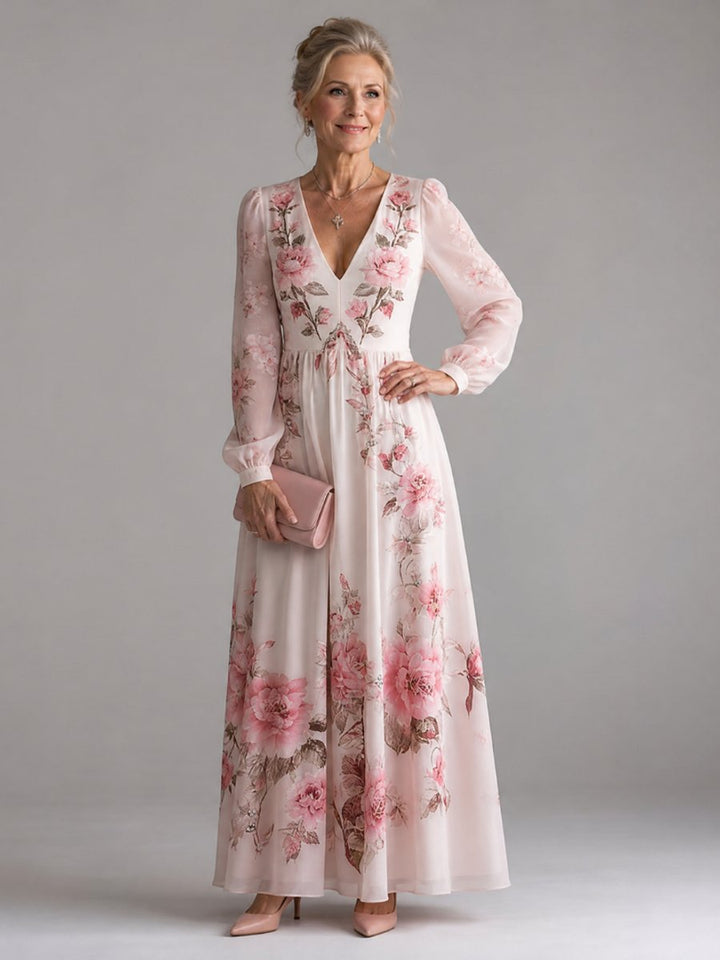 Women's Floral Chiffon Long Sleeve V-Neck Everyday Day Dress