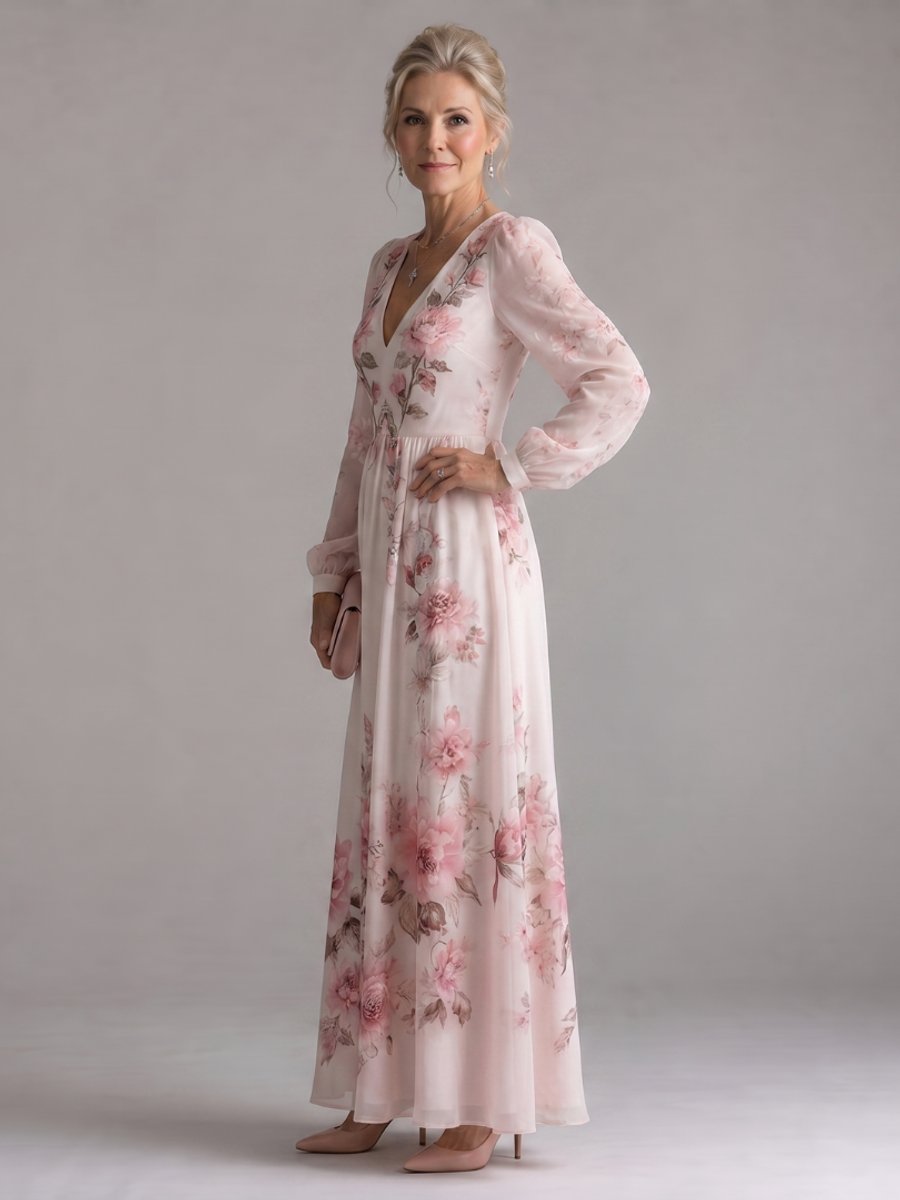 Women's Floral Chiffon Long Sleeve V-Neck Everyday Day Dress