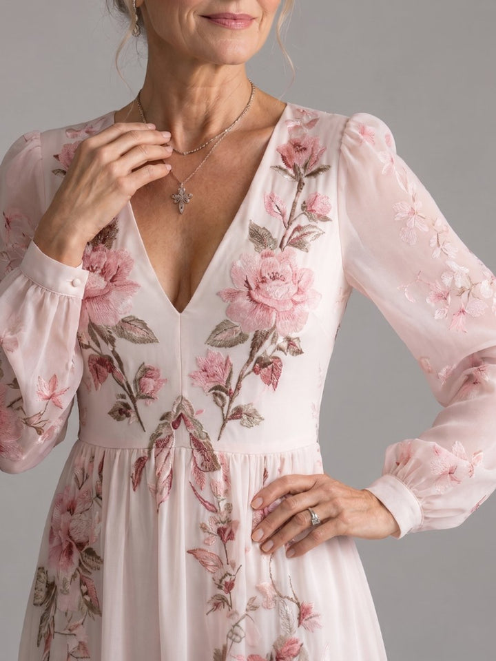 Women's Floral Chiffon Long Sleeve V-Neck Everyday Day Dress