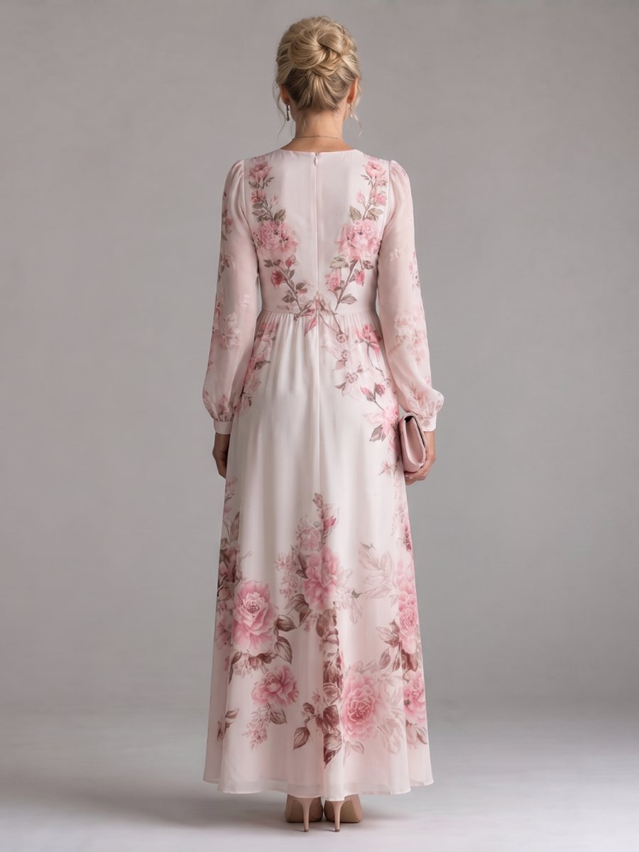 Women's Floral Chiffon Long Sleeve V-Neck Everyday Day Dress