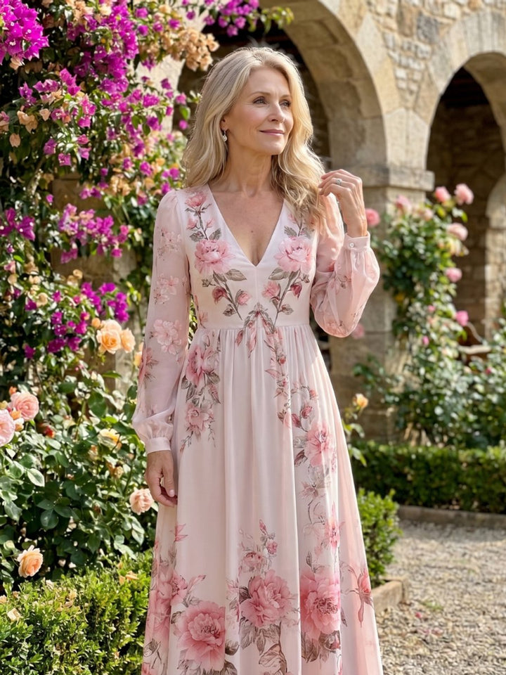 Women's Floral Chiffon Long Sleeve V-Neck Everyday Day Dress