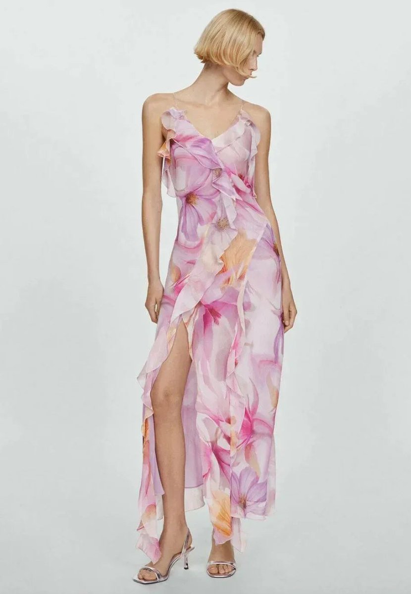 Women's Floral Chiffon Ruffle Midi Party Dress Thin Straps
