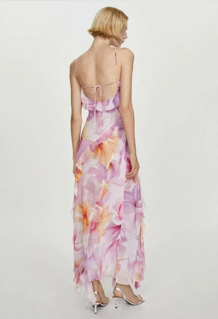 Women's Floral Chiffon Ruffle Midi Party Dress Thin Straps