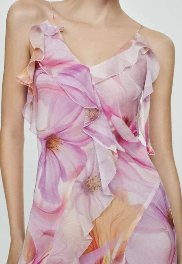 Women's Floral Chiffon Ruffle Midi Party Dress Thin Straps