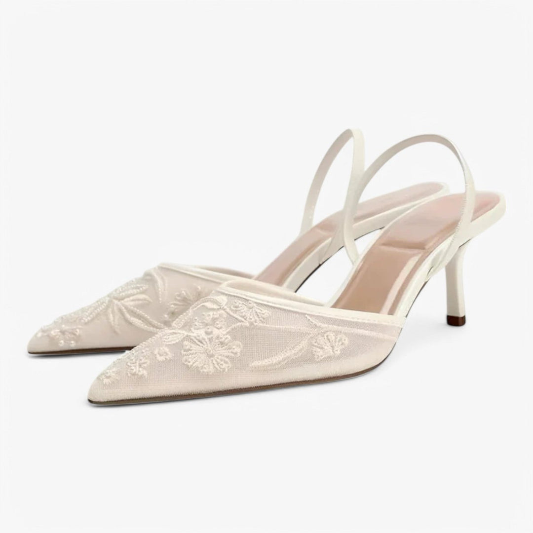 Women's Floral Embroidered Mesh Pointed-Toe Heeled Slingback Pumps