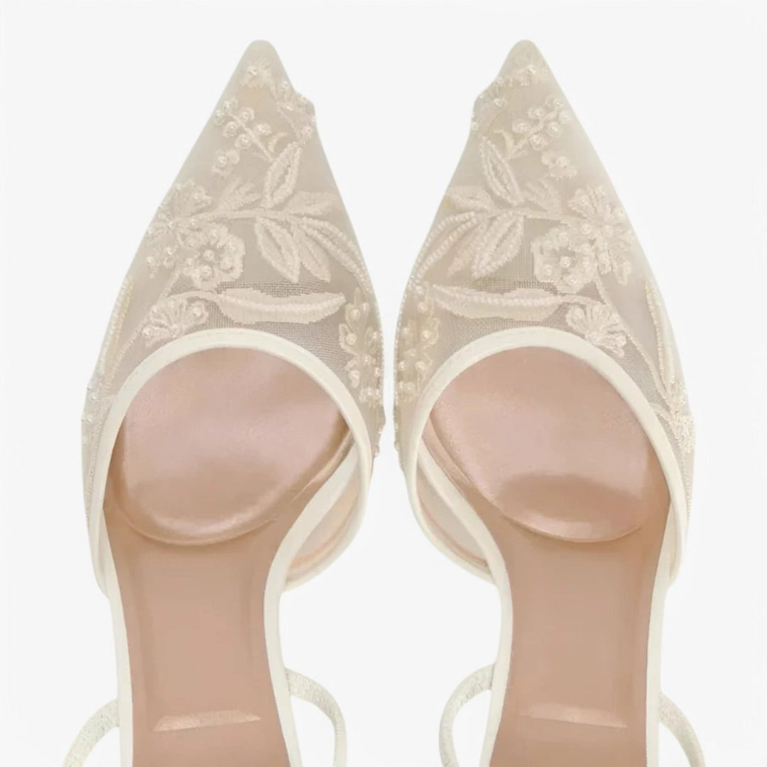 Women's Floral Embroidered Mesh Pointed-Toe Heeled Slingback Pumps