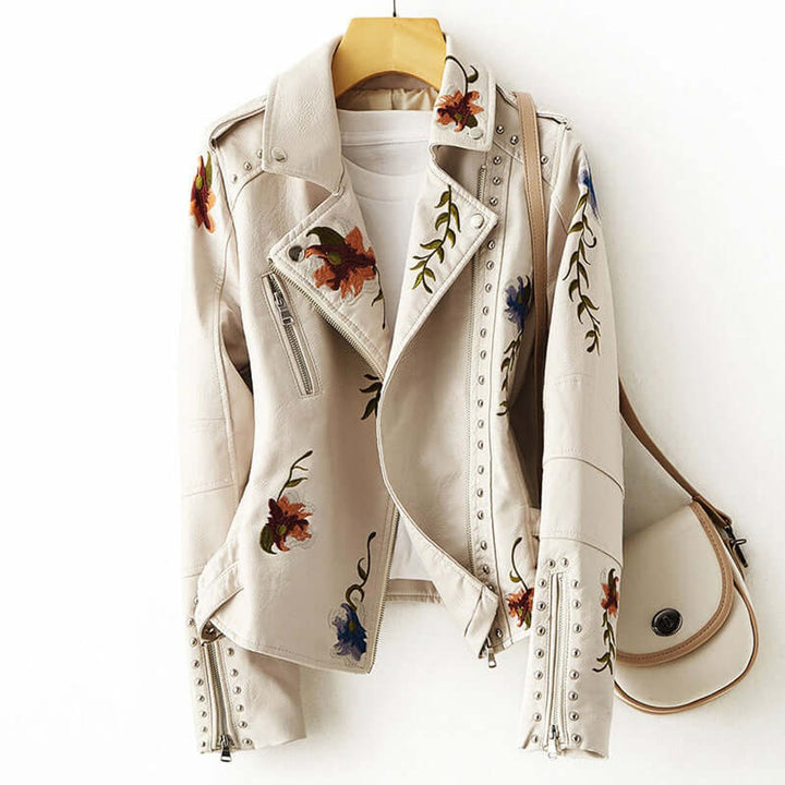 Women's Floral Embroidered Studded Faux Leather Biker Coat
