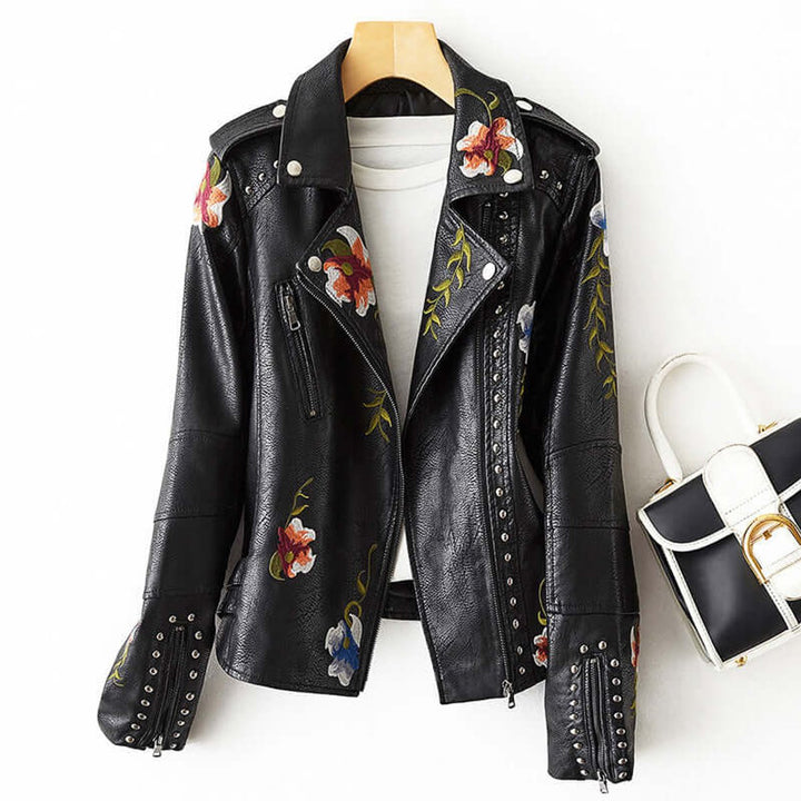 Women's Floral Embroidered Studded Faux Leather Biker Coat