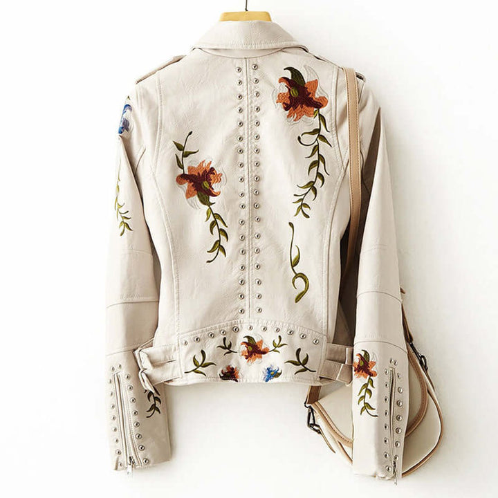 Women's Floral Embroidered Studded Faux Leather Biker Coat