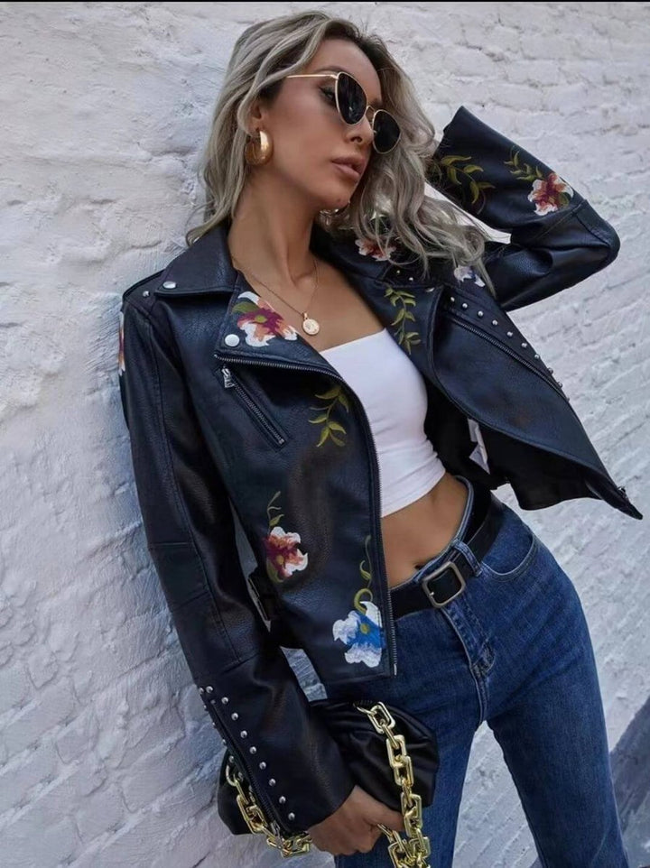 Women's Floral Embroidered Studded Faux Leather Biker Coat