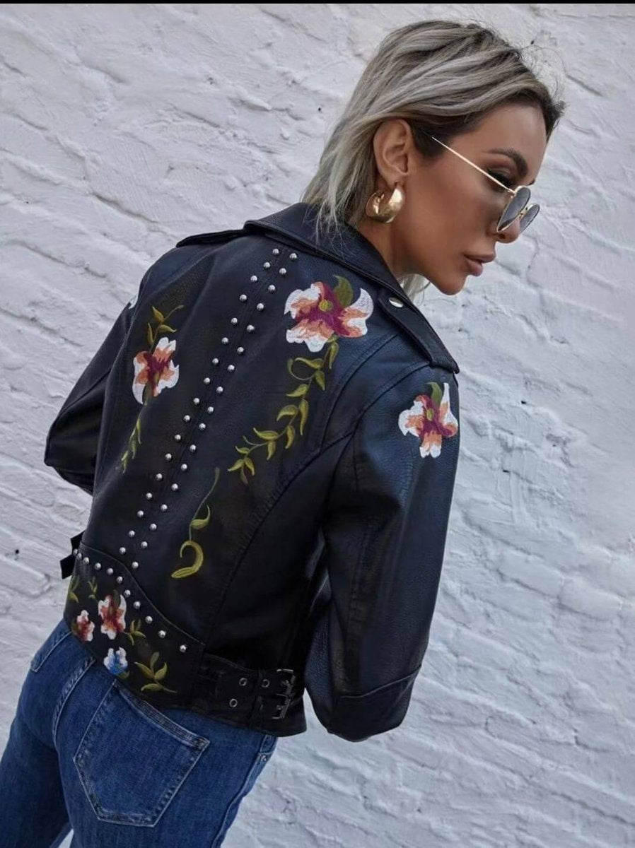 Women's Floral Embroidered Studded Faux Leather Biker Coat