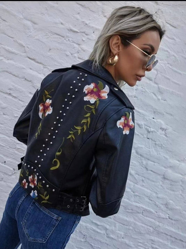Women's Floral Embroidered Studded Faux Leather Biker Coat