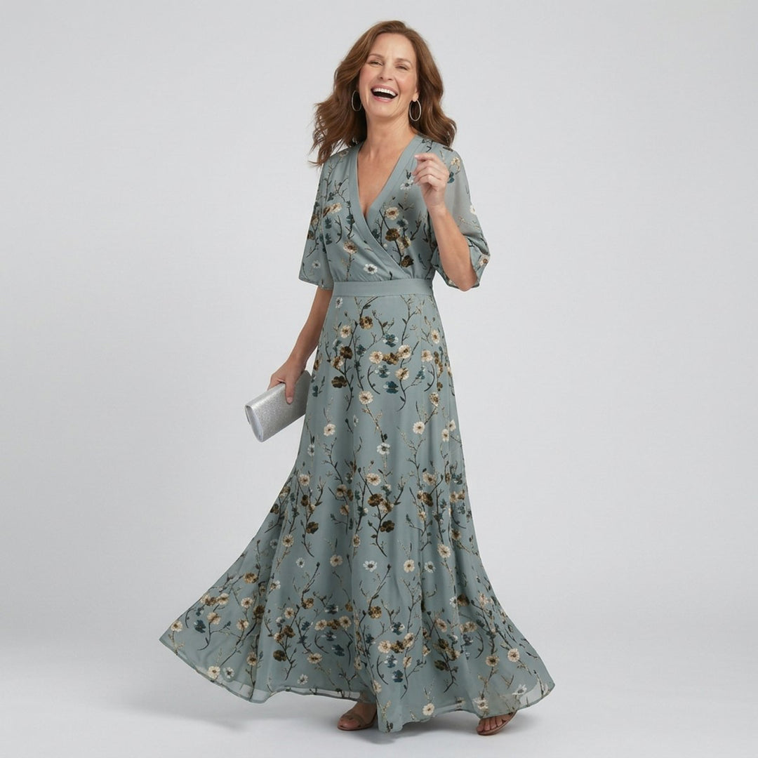 Women's Floral Everyday Day Dress Wrap Maxi Flutter-Sleeve Gown