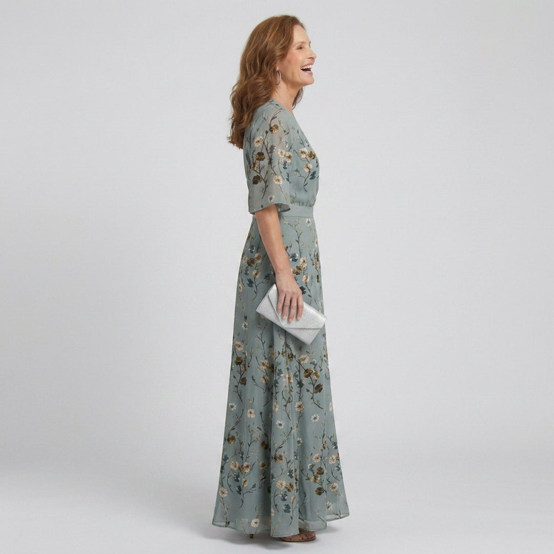 Women's Floral Everyday Day Dress Wrap Maxi Flutter-Sleeve Gown
