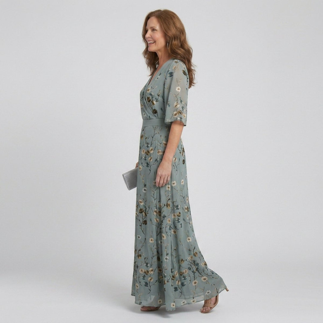 Women's Floral Everyday Day Dress Wrap Maxi Flutter-Sleeve Gown