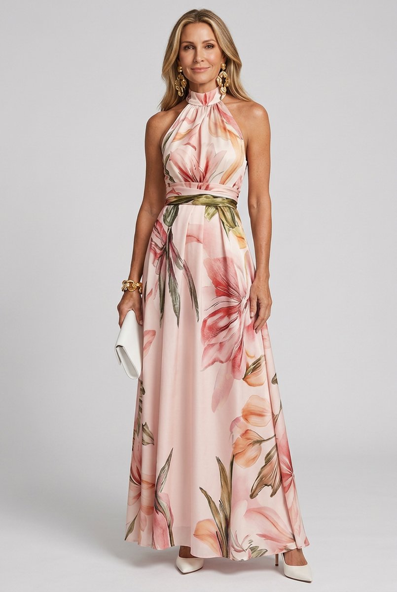 Women's Floral Halter Everyday Maxi Dress Flowing Full Length