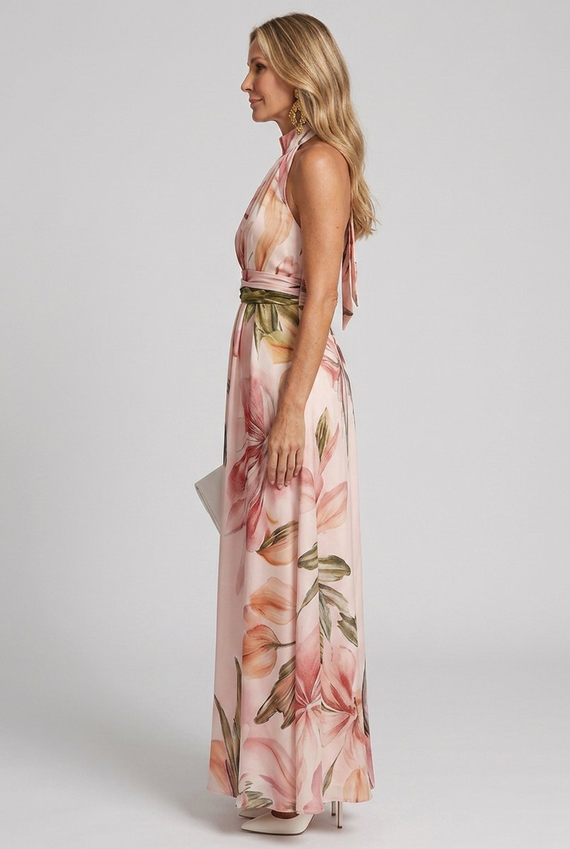 Women's Floral Halter Everyday Maxi Dress Flowing Full Length