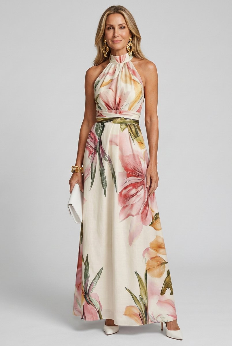 Women's Floral Halter Everyday Maxi Dress Flowing Full Length