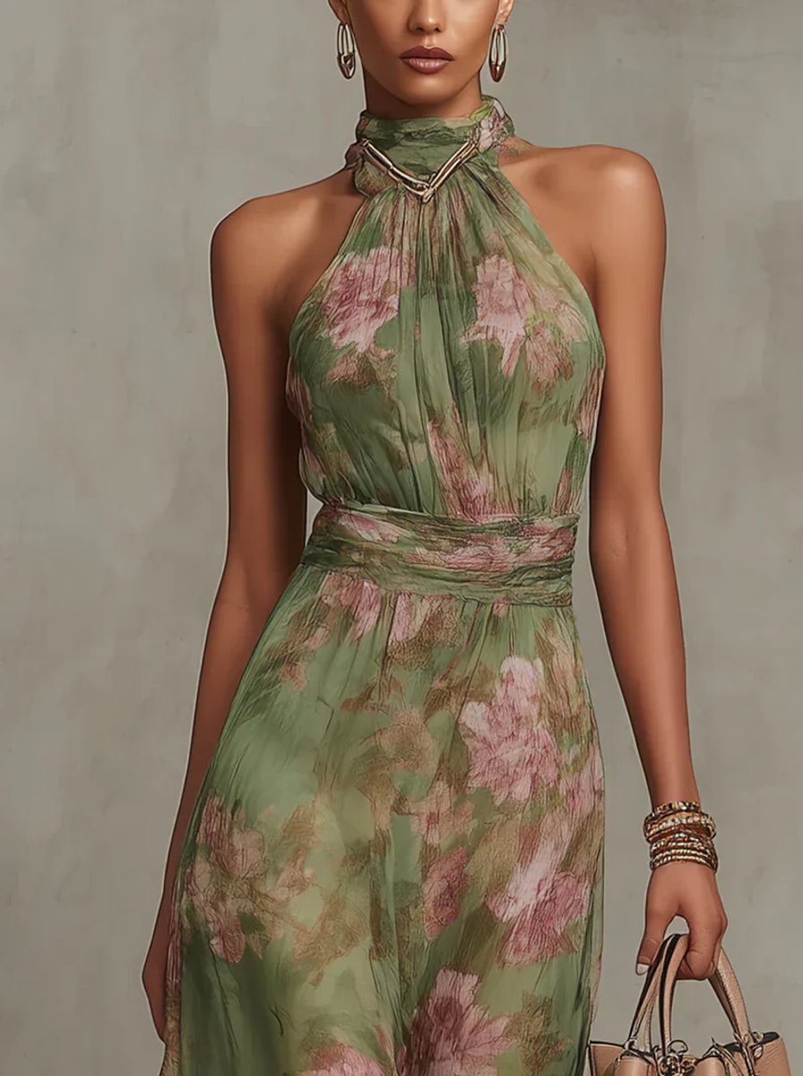 Women's Floral Halter-Neck Everyday Day Dress Fitted Waist Midi