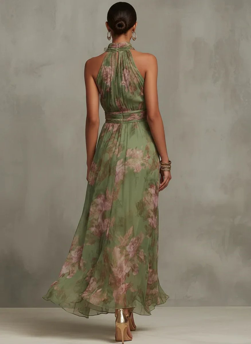 Women's Floral Halter-Neck Everyday Day Dress Fitted Waist Midi