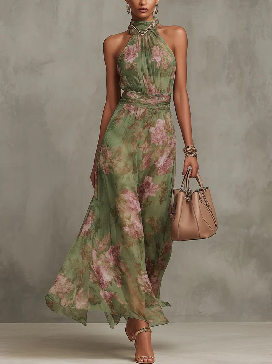 Women's Floral Halter-Neck Everyday Day Dress Pleated Belted Midi