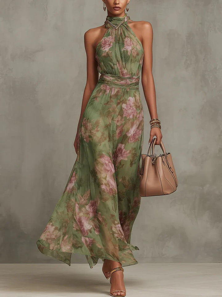 Women's Floral Halter-Neck Everyday Day Dress Pleated Belted Midi