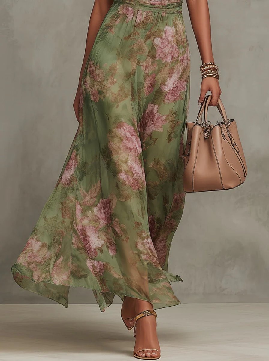 Women's Floral Halter-Neck Everyday Day Dress Pleated Belted Midi
